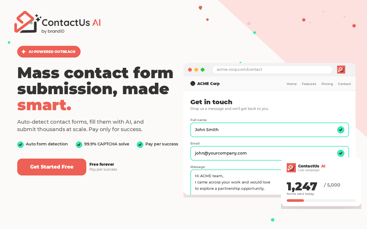 ContactUs AI by brandID: mass contact form submission made smart. The tool auto-detects contact forms, fills them with AI, solves 99.9% of CAPTCHAs, and submits thousands at scale, with a live campaign counter showing forms sent today.