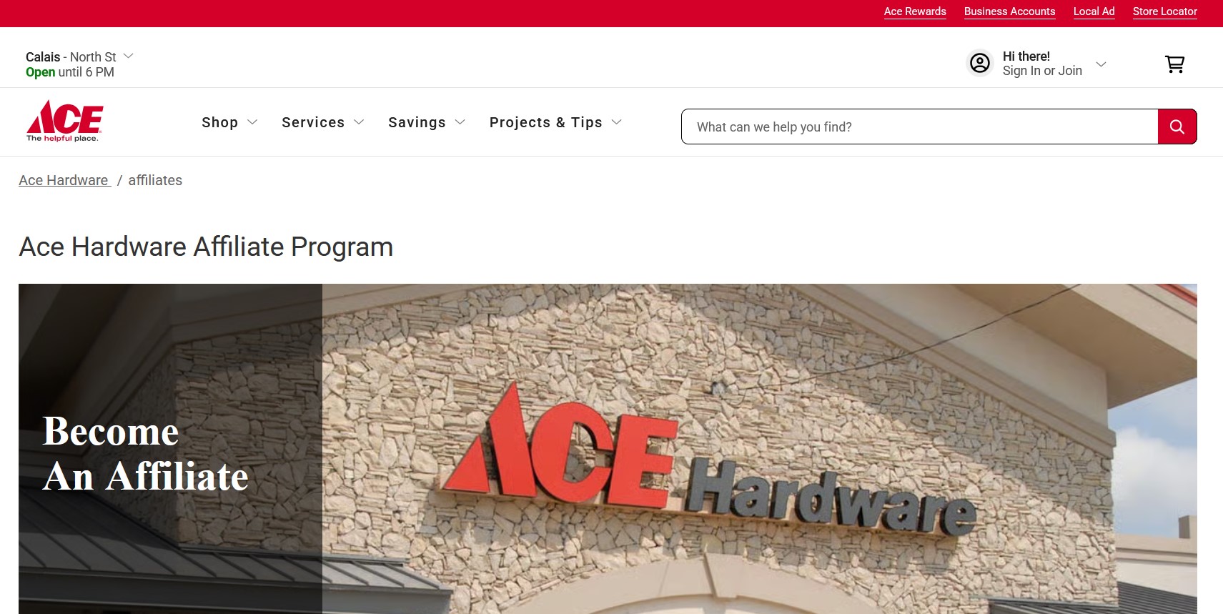 Ace Hardware affiliate program page on Impact