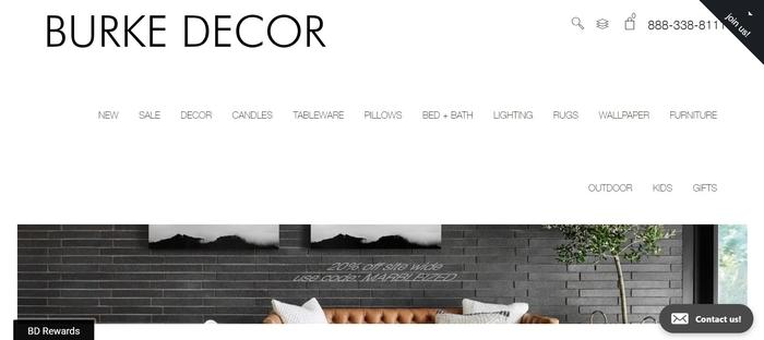 Burke Decor affiliate program page showing the 8% commission offer