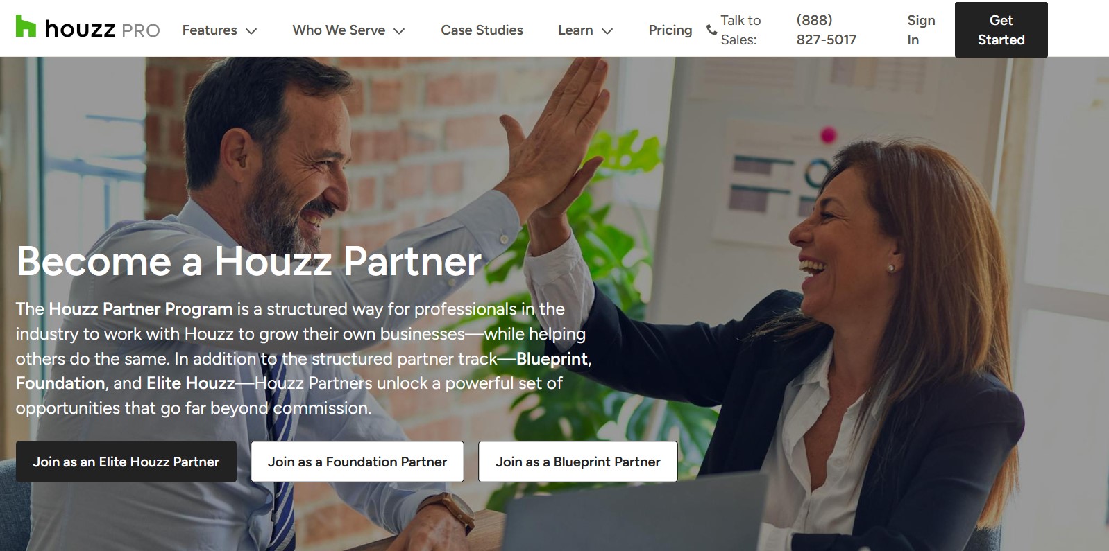 Houzz affiliate program page showing the 5% commission offer