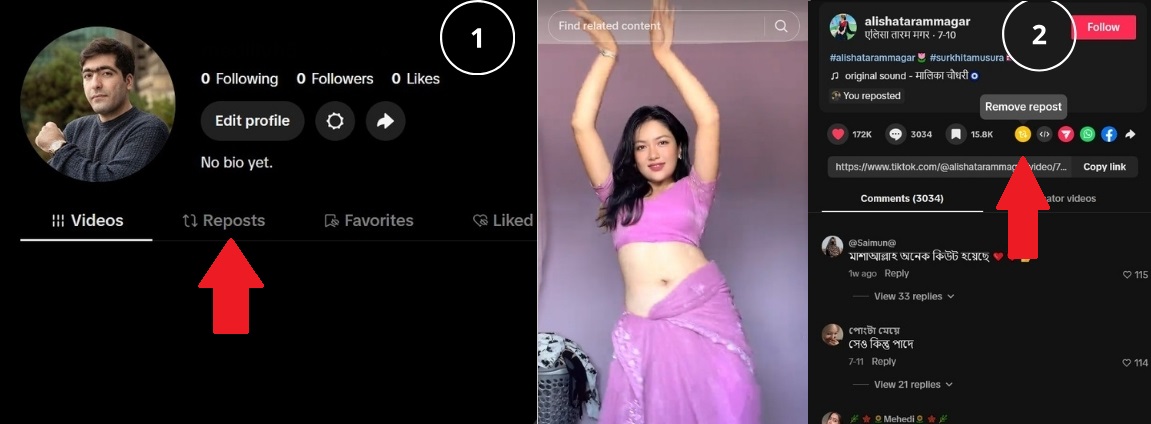 How to undo or remove a repost on TikTok by tapping the Share arrow and choosing Remove repost