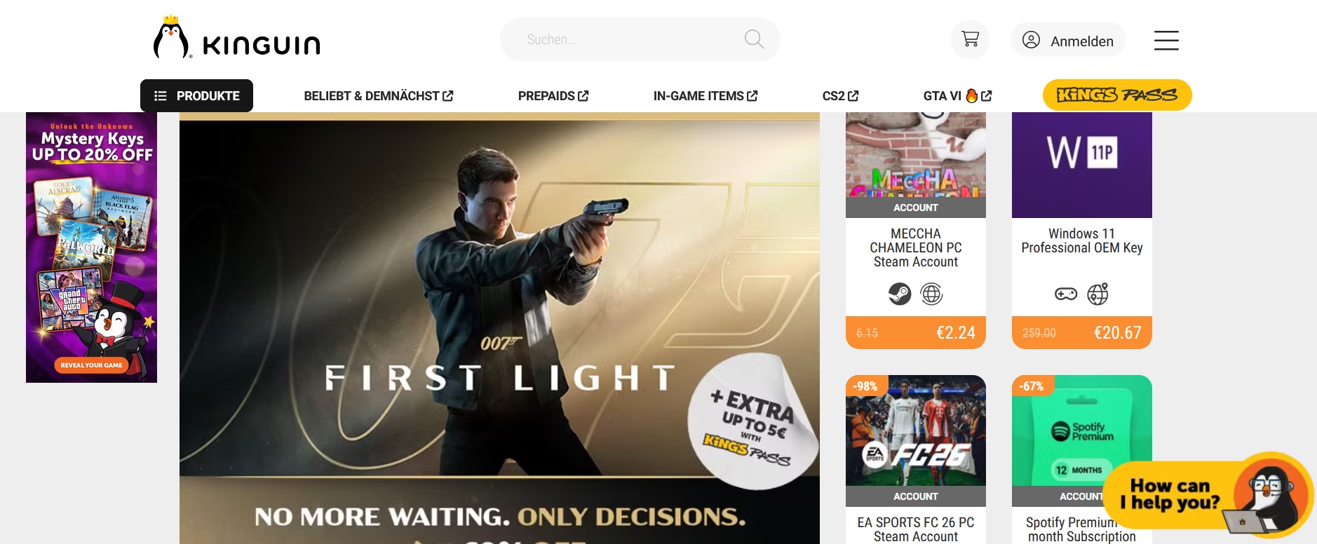 Kinguin Mafia affiliate program page showing discounted game keys for PC and console