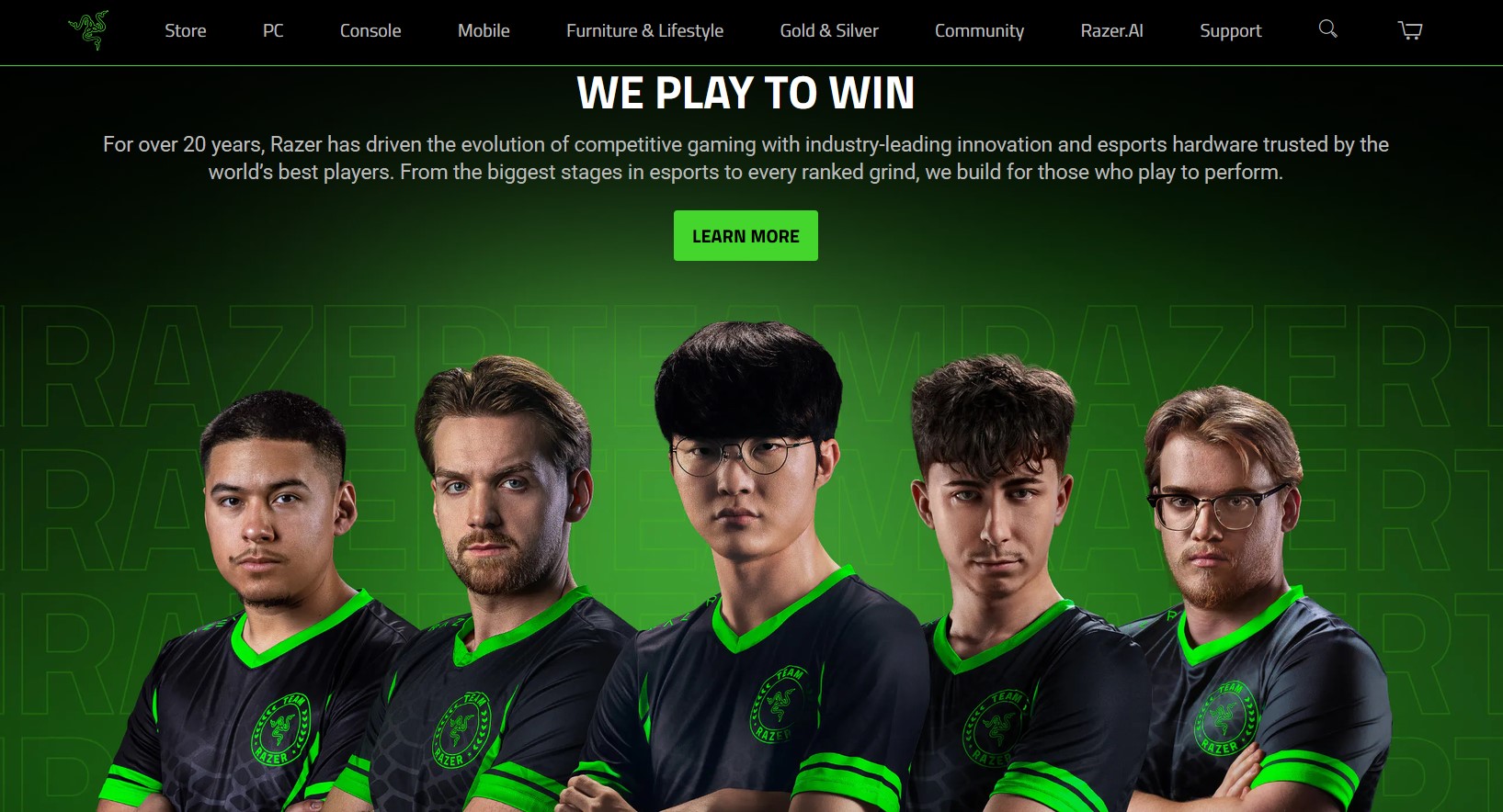 Razer affiliate program homepage showing gaming laptops, peripherals, and chairs
