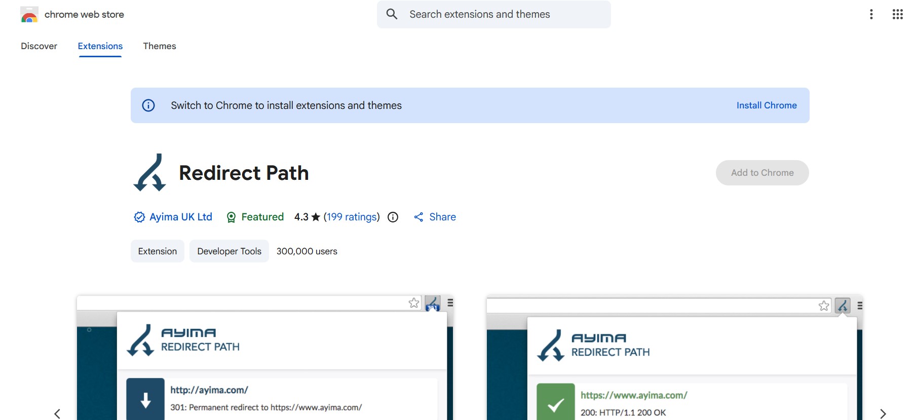 Redirect Path Chrome extension showing an affiliate link redirect chain