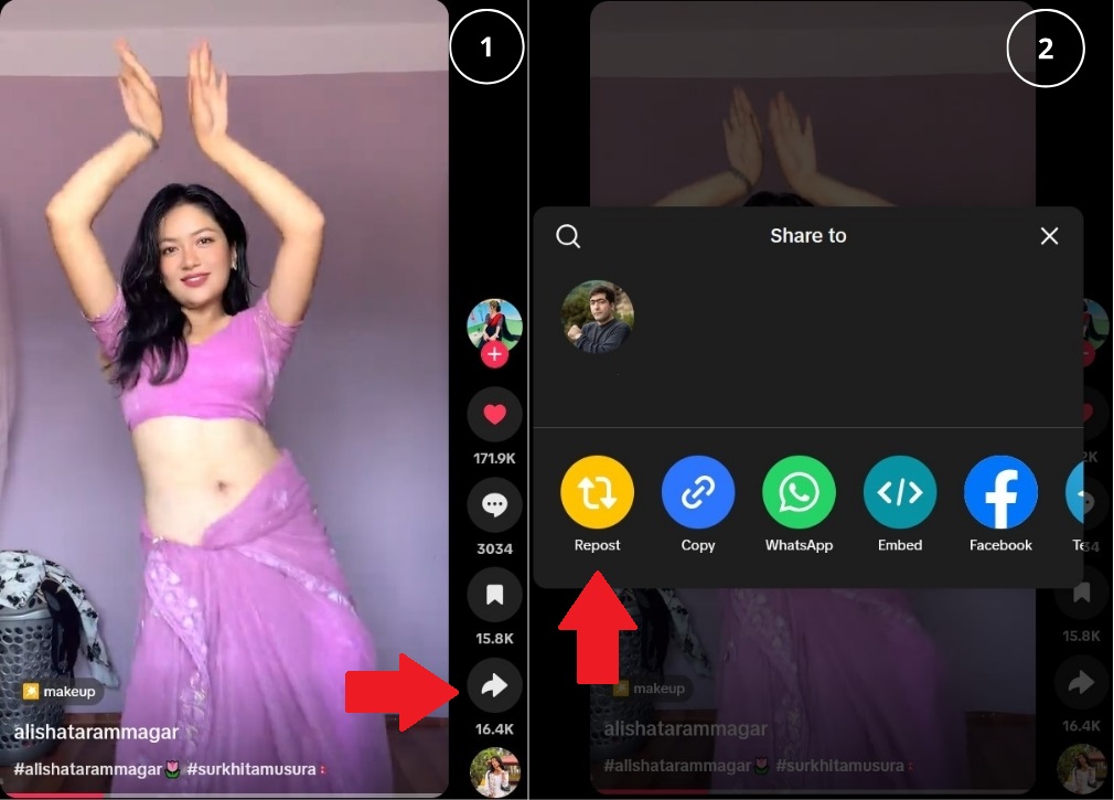How to repost a TikTok video from the For You feed using the Share arrow and Repost button