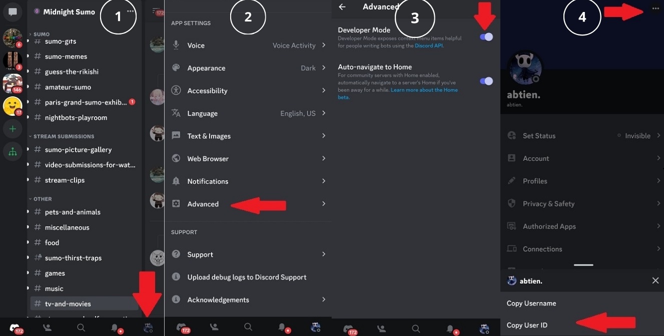 Copying your Discord User ID on the mobile app to share your Discord profile link