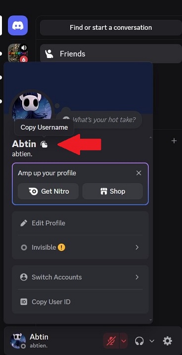 Copying your unique Discord username to share your Discord account