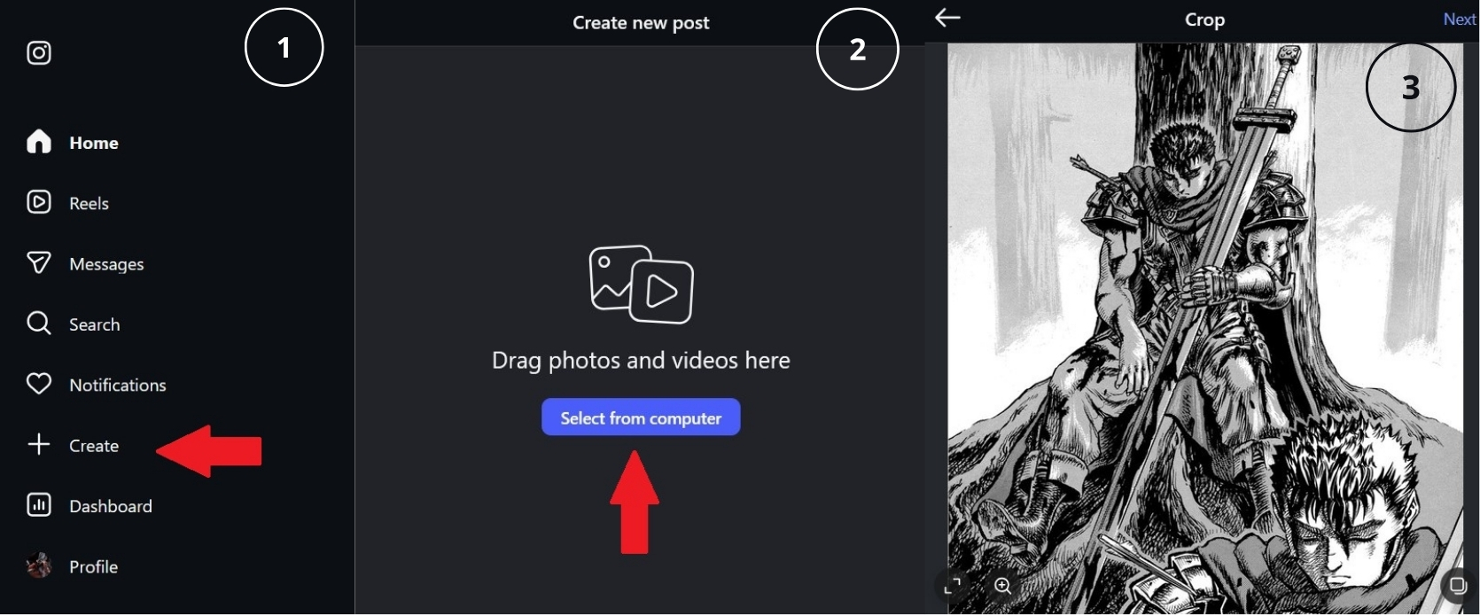 Instagram's Create new post window on desktop showing the drag-and-drop upload area with the Select from computer button for adding photos and building a carousel