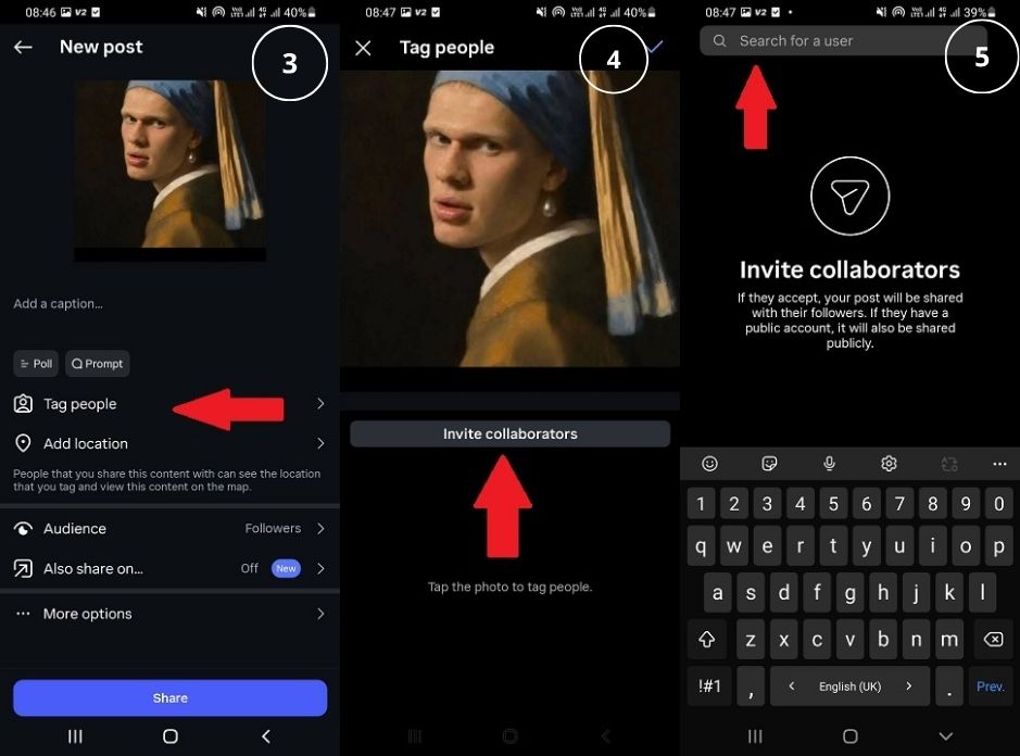 Searching for and selecting an account with the Invite collaborator Instagram feature