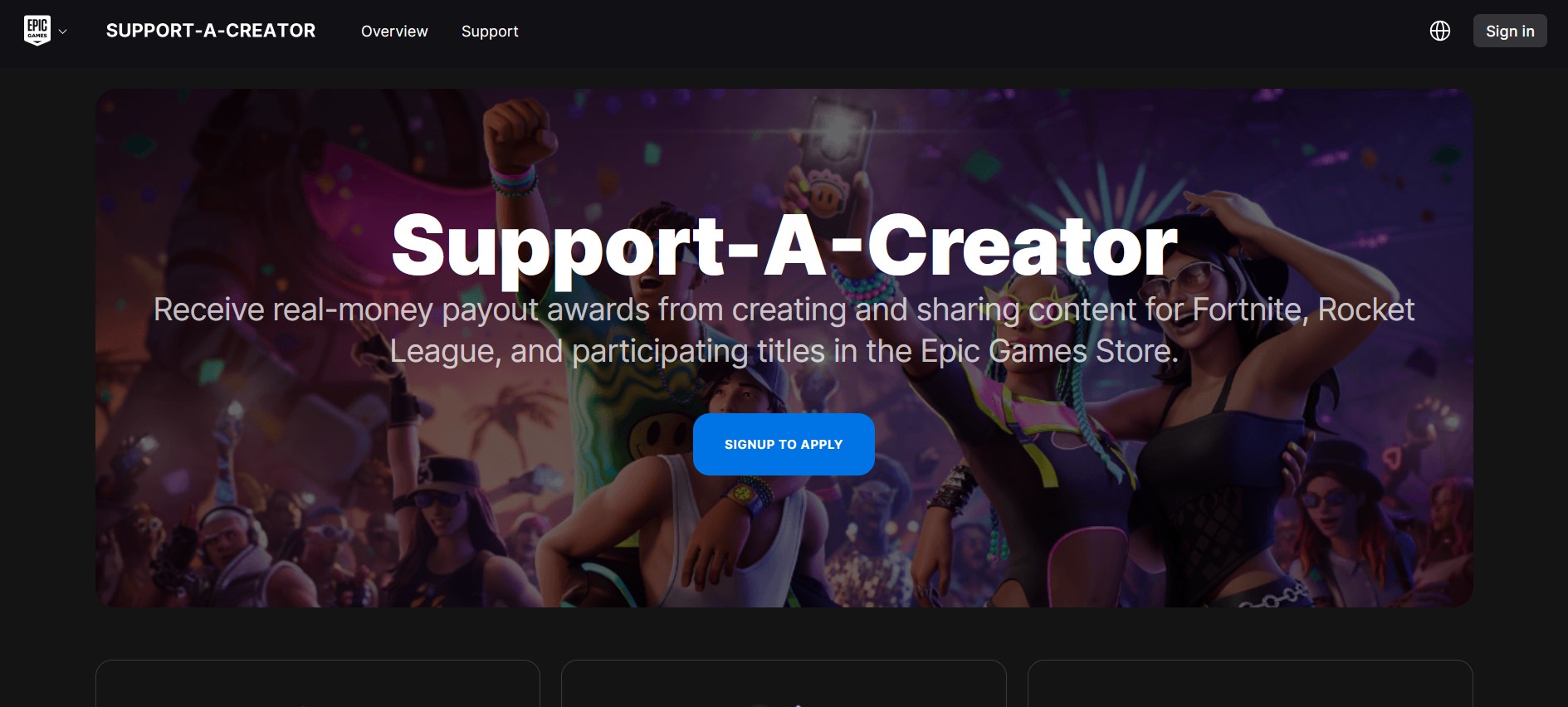 Epic Games Support-A-Creator program page showing the creator code sign-up