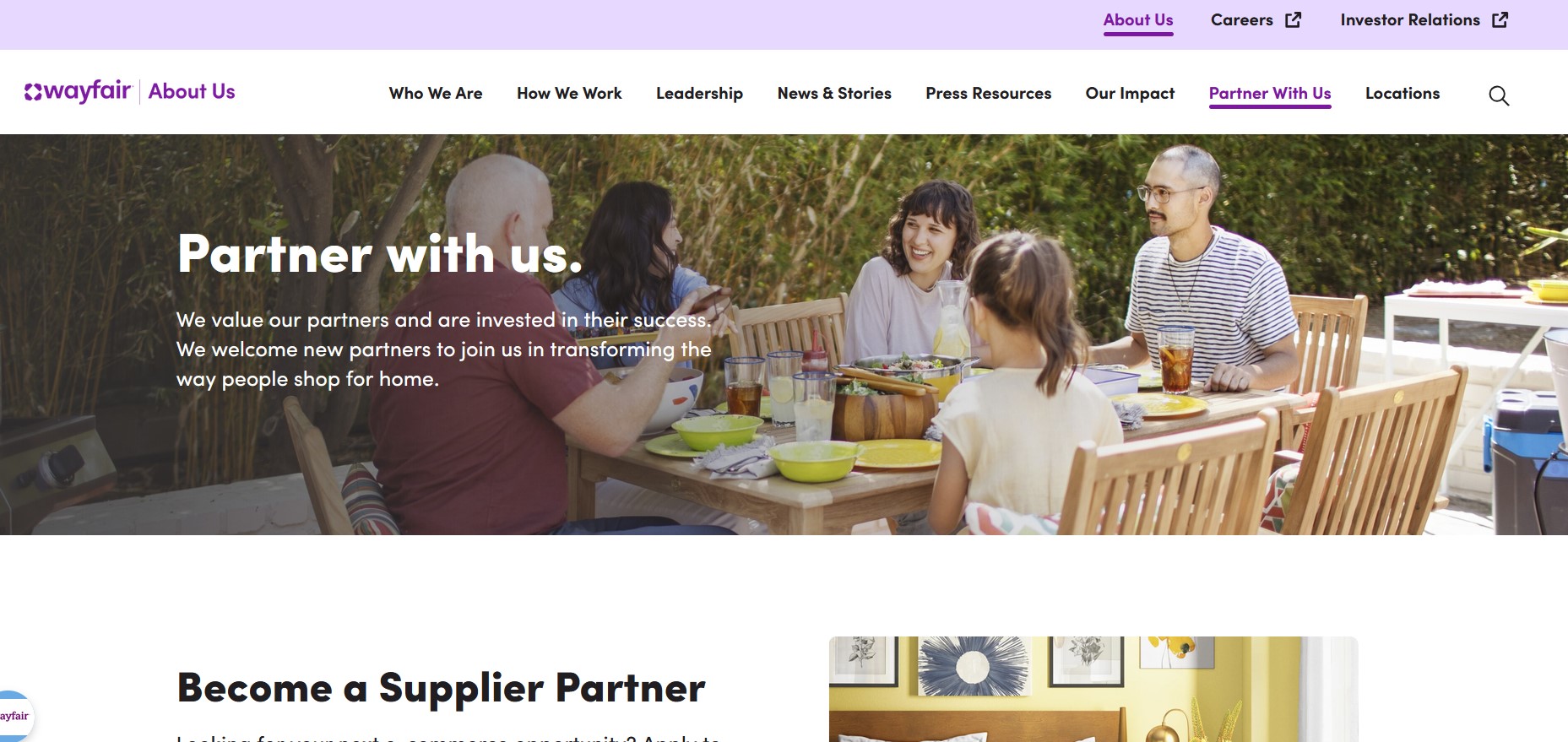 Wayfair affiliate program page showing commission and cookie terms