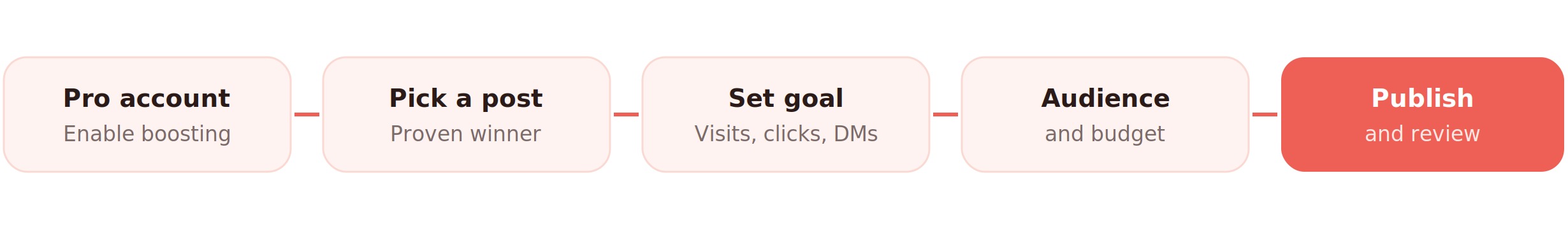Five-step Instagram boost workflow: switch to a professional account, pick a proven post, choose a goal, set audience and budget, then publish and review.