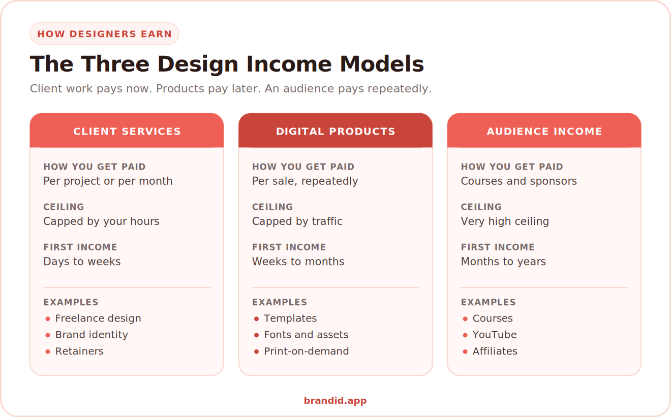 The three graphic design income models compared: client services, digital products, and audience income