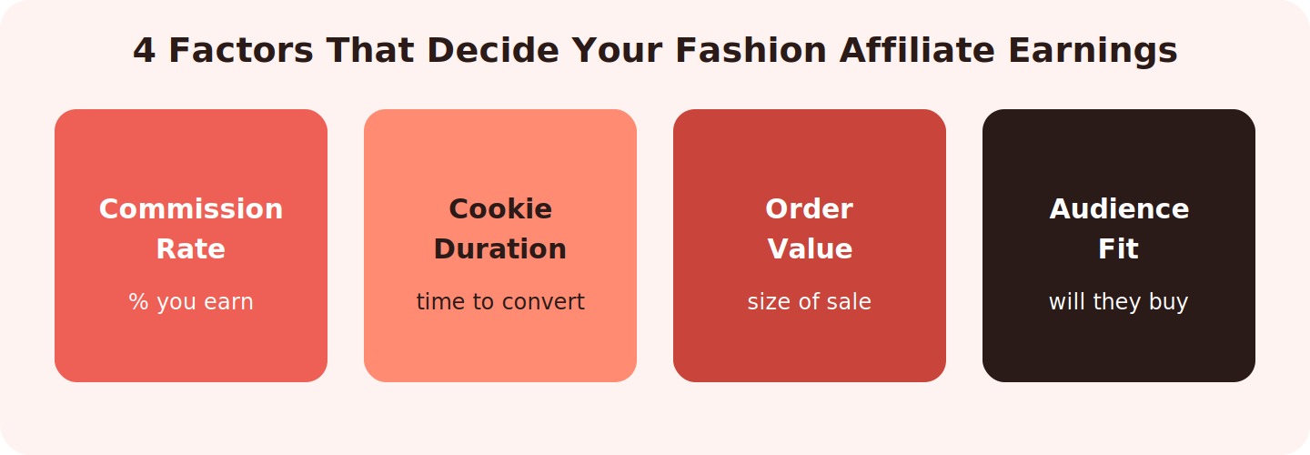 The four factors that decide fashion affiliate earnings: commission rate, cookie duration, average order value, and audience fit