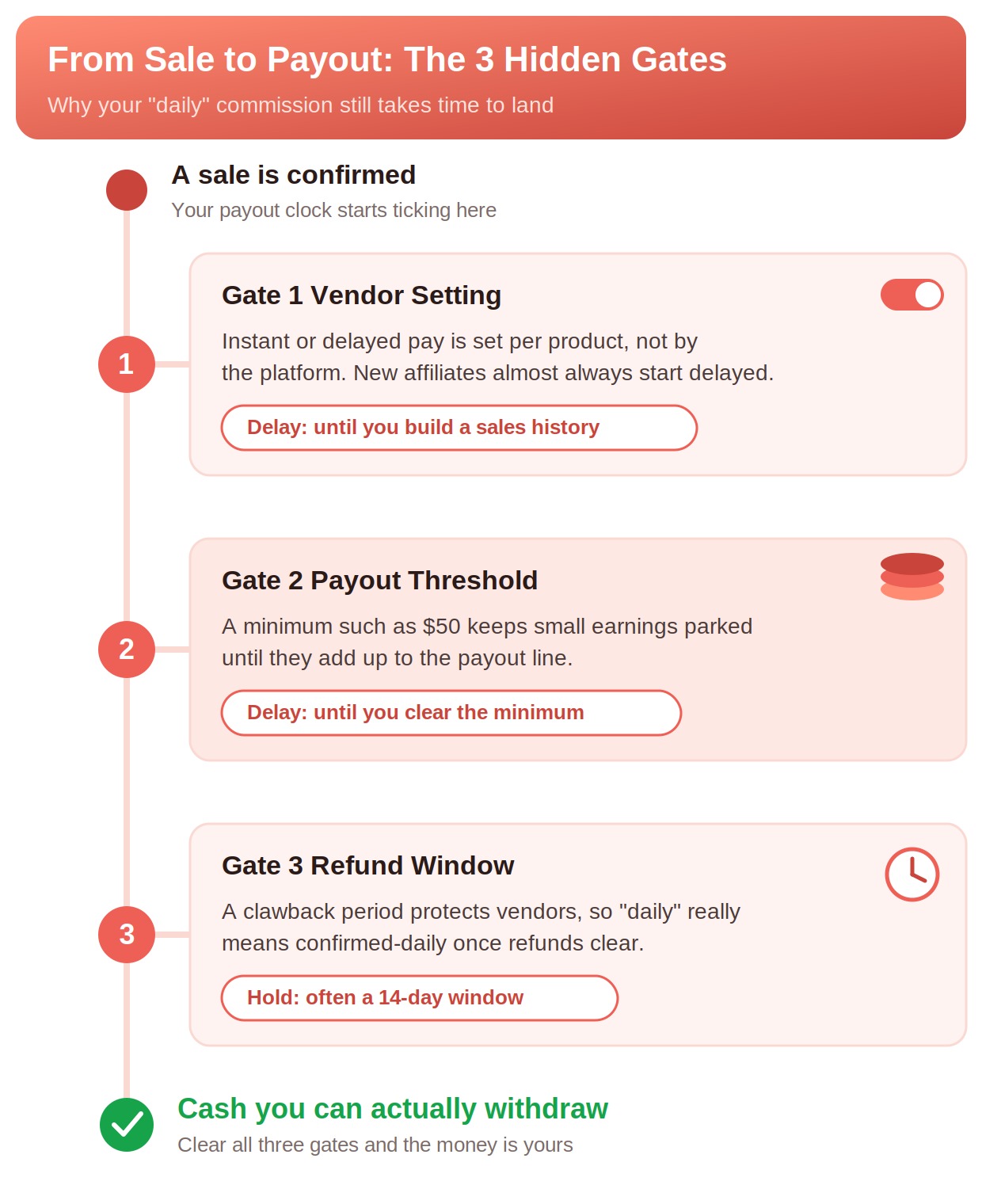 Infographic mapping the three gates an affiliate commission passes before daily money becomes withdrawable cash: vendor setting, payout threshold, and refund window.