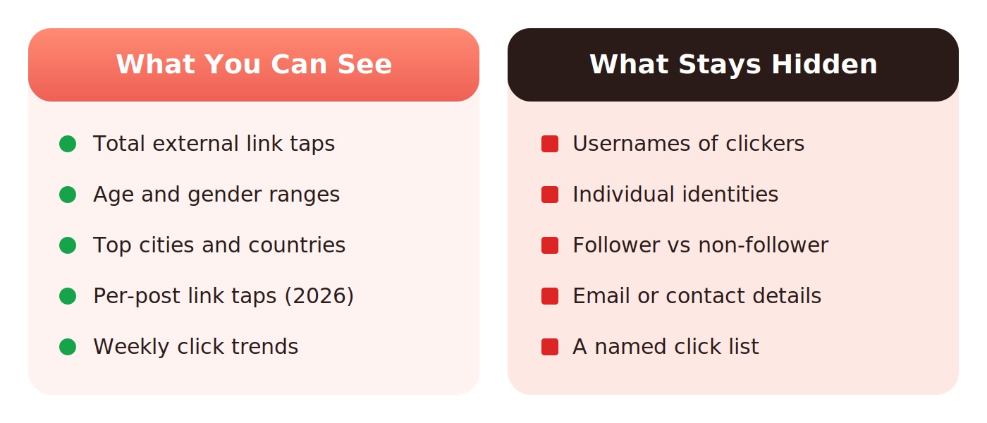 Infographic comparing what Instagram shows you (total link taps, age, gender, location, per-post taps) against what it hides (usernames, individual identities, contact details)