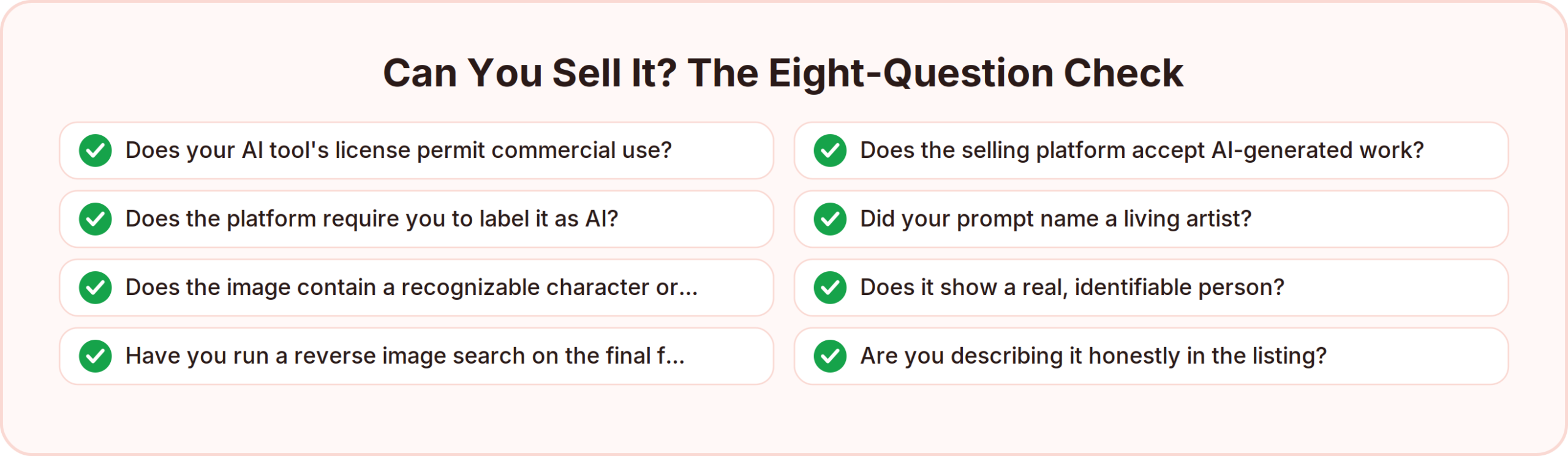 Eight questions to check before selling AI art, covering your tool's license, the platform's policy and labeling rules, whether the prompt named a living artist, and whether the image contains a recognizable character or real person