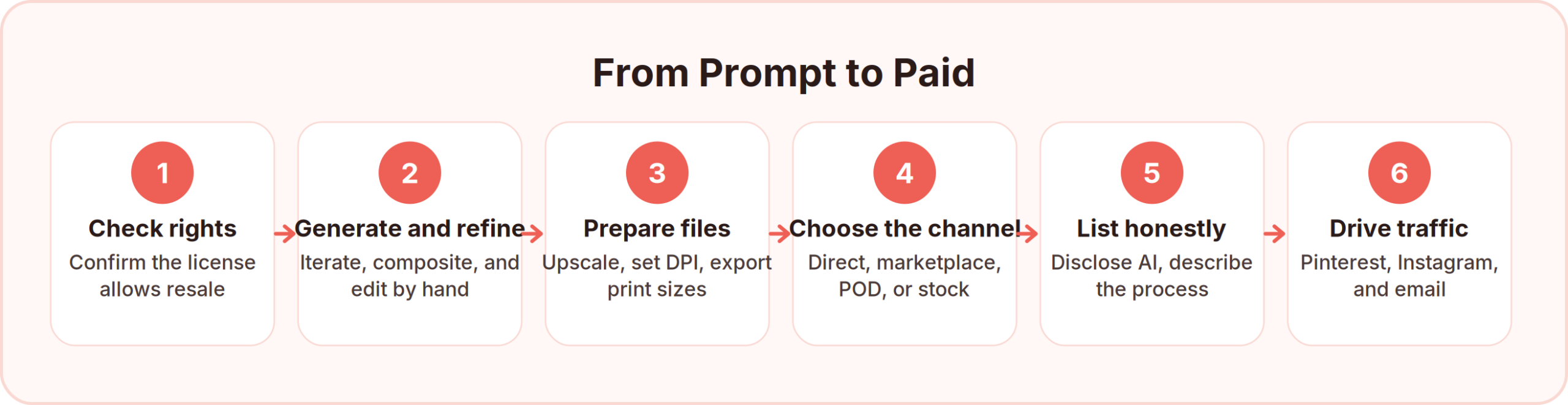 How to sell AI art in six steps: confirm the license allows resale, generate and refine, prepare files by upscaling and setting DPI, choose a sales channel, list honestly with AI disclosed, then drive traffic