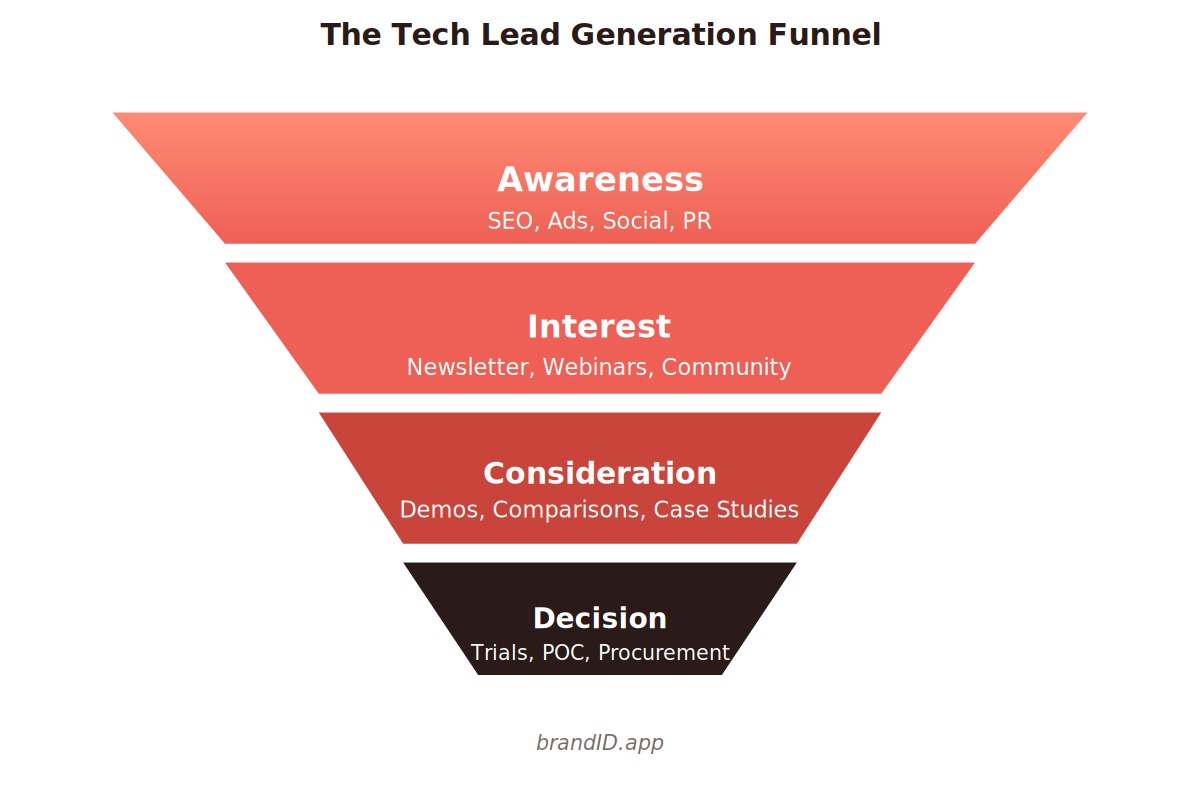 Tech lead generation funnel showing awareness, interest, consideration, and decision stages with matching channels