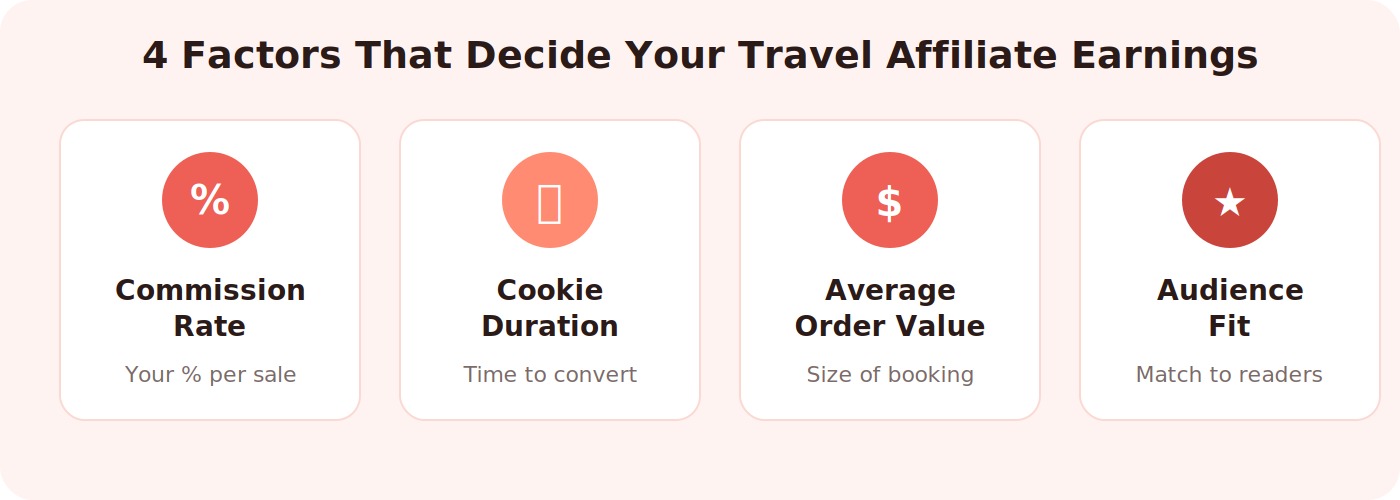 Four factors that decide travel affiliate earnings: commission rate, cookie duration, average order value, and audience fit