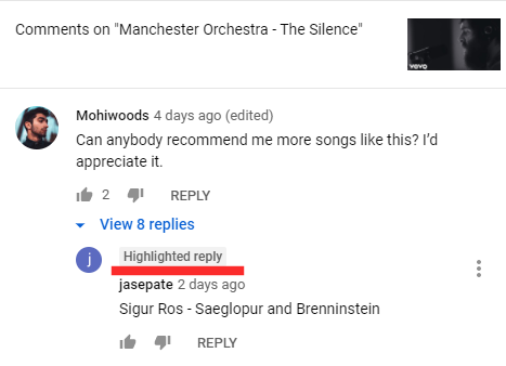 Highlighted reply label shown above a reply inside a YouTube comment thread