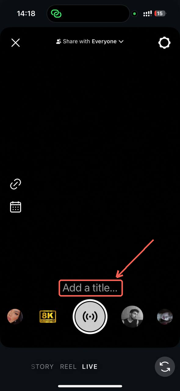Instagram live setup screen with the add a title field open before starting a broadcast