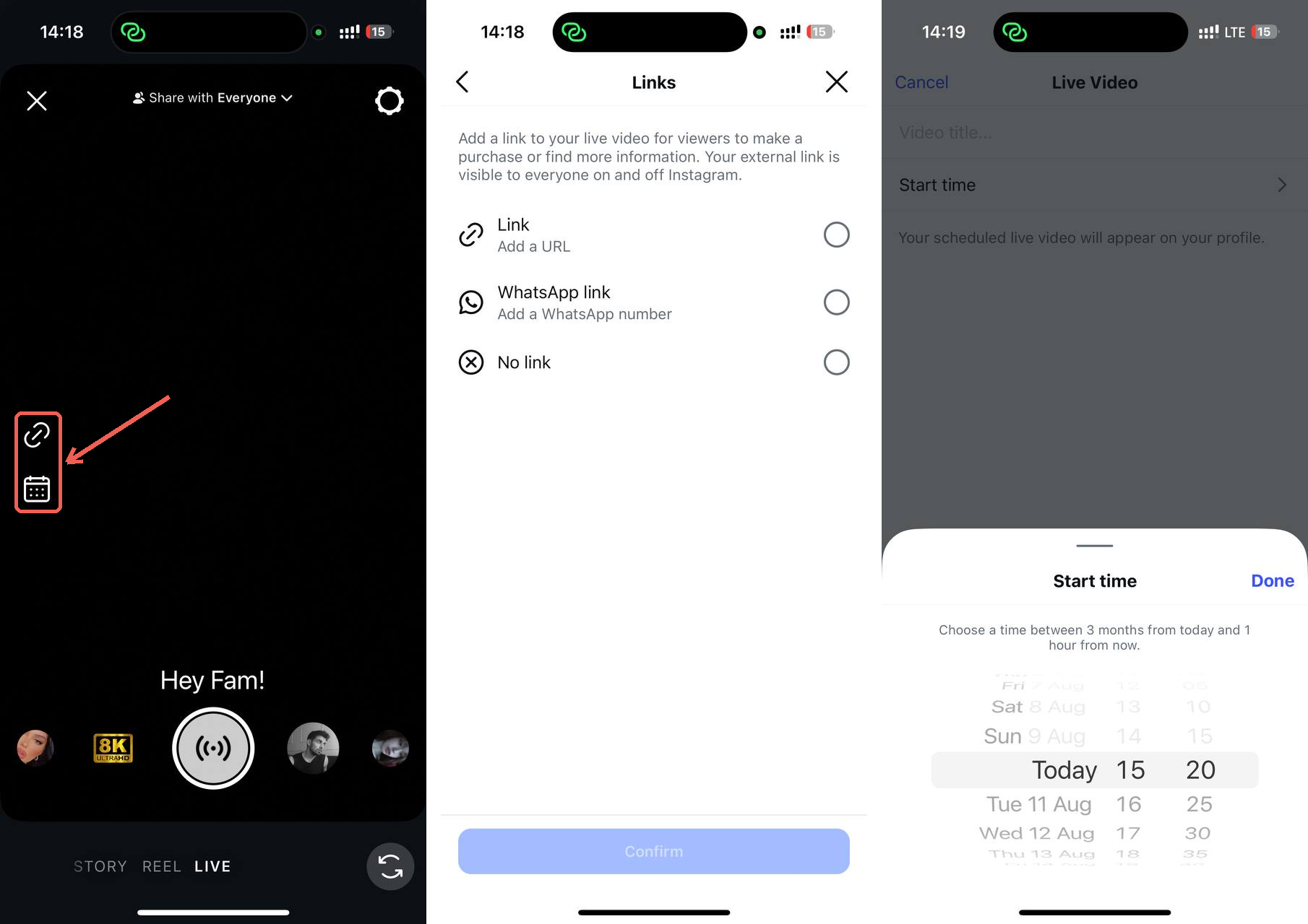 Instagram live setup showing the link and schedule icons, the link options screen, and the start time picker