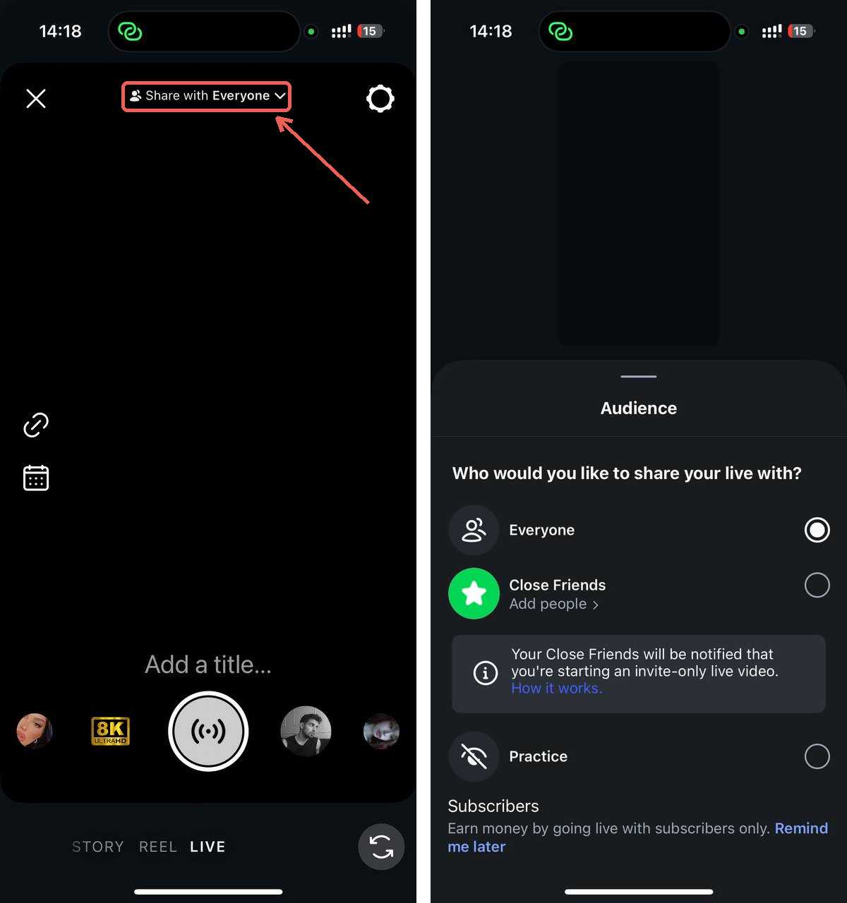 Instagram audience selection screen showing the option to share the live with everyone or practice first