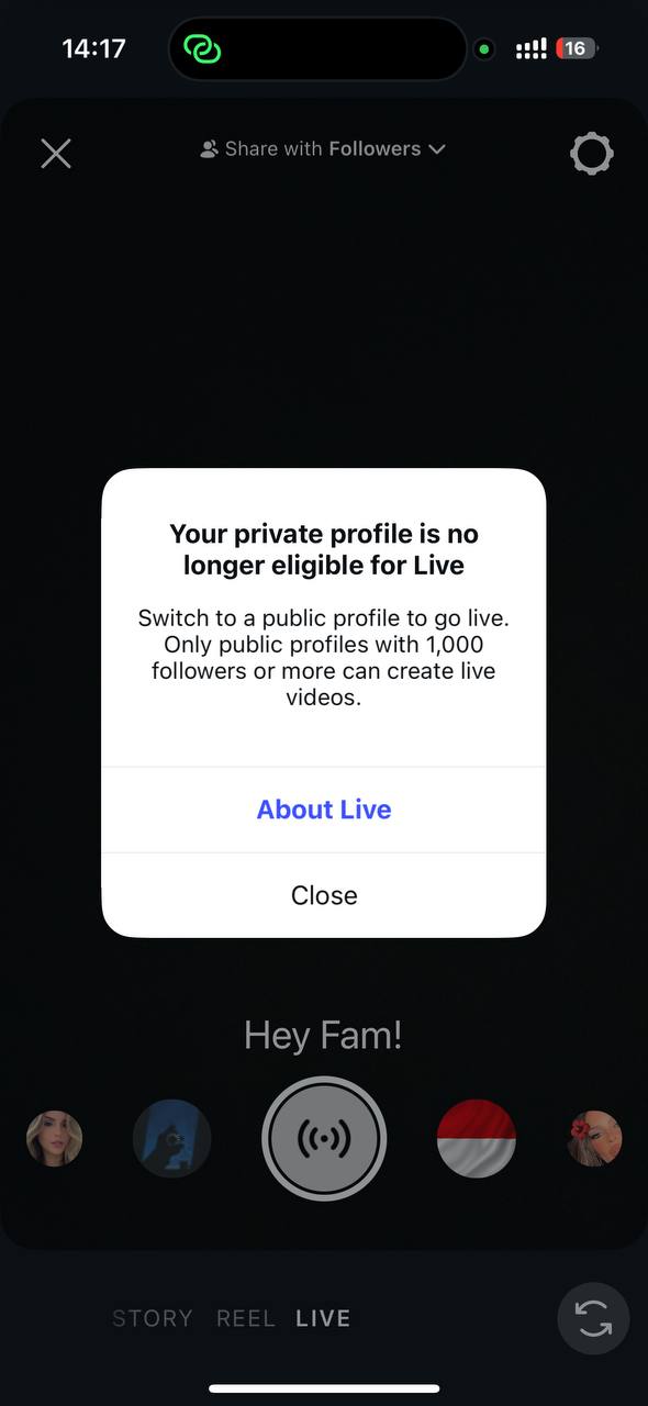 Instagram message shown when trying to go live from a private account, asking the user to switch to a public account