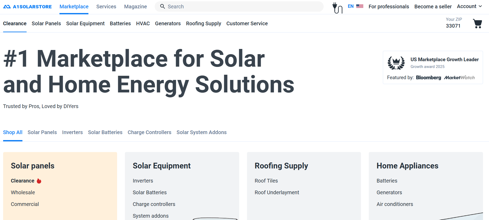 A1 Solar Store homepage screenshot