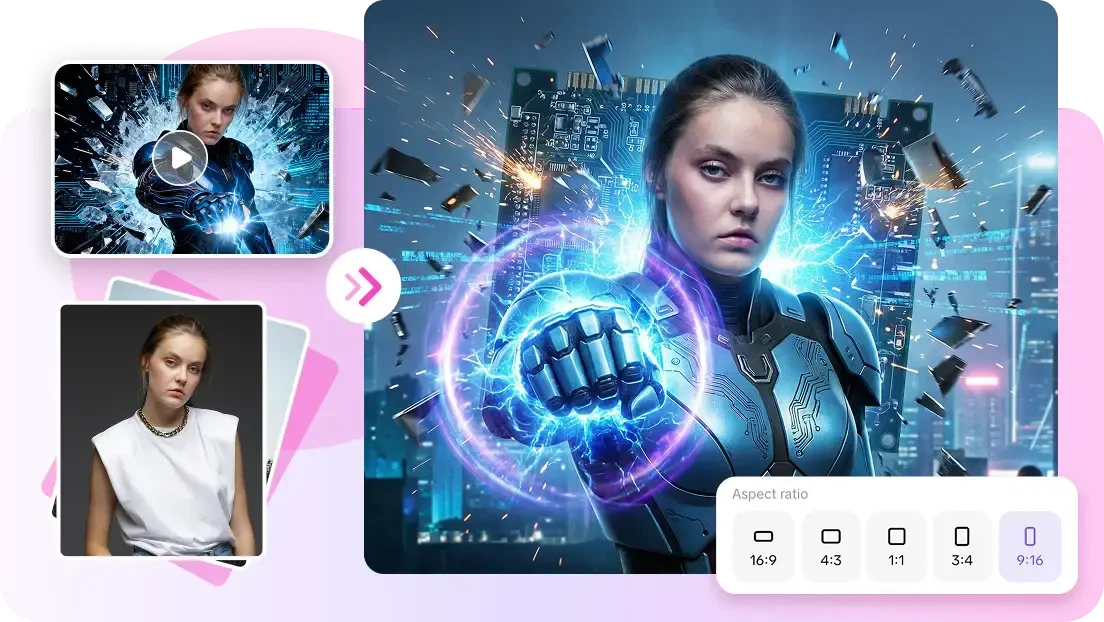 Pippit AI video generator turning a reference photo into a realistic AI video, with aspect ratio options