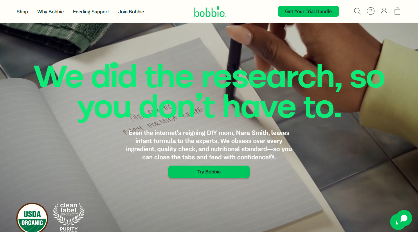 Bobbie baby affiliate homepage