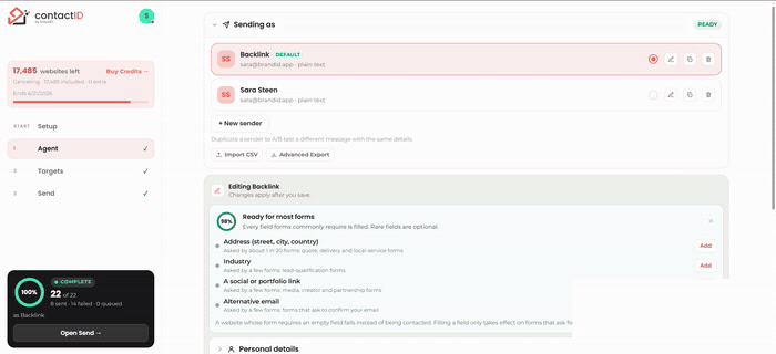 The Sending as panel, with the completeness meter and the field groups an agent can fill.
