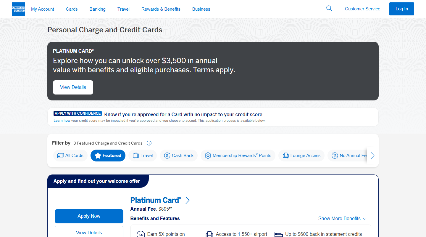 American Express (Personal Travel Cards) homepage