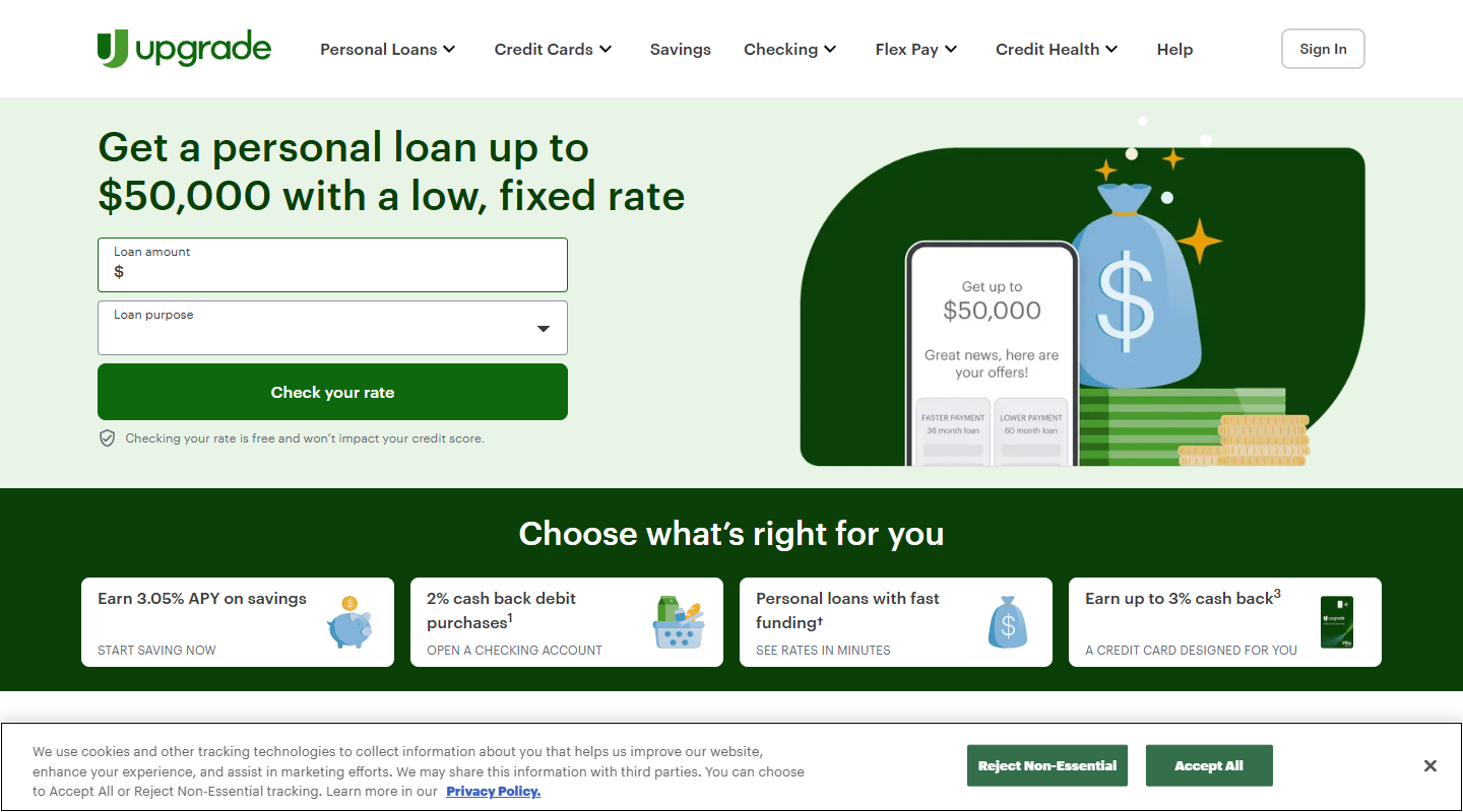 Upgrade Credit Card homepage