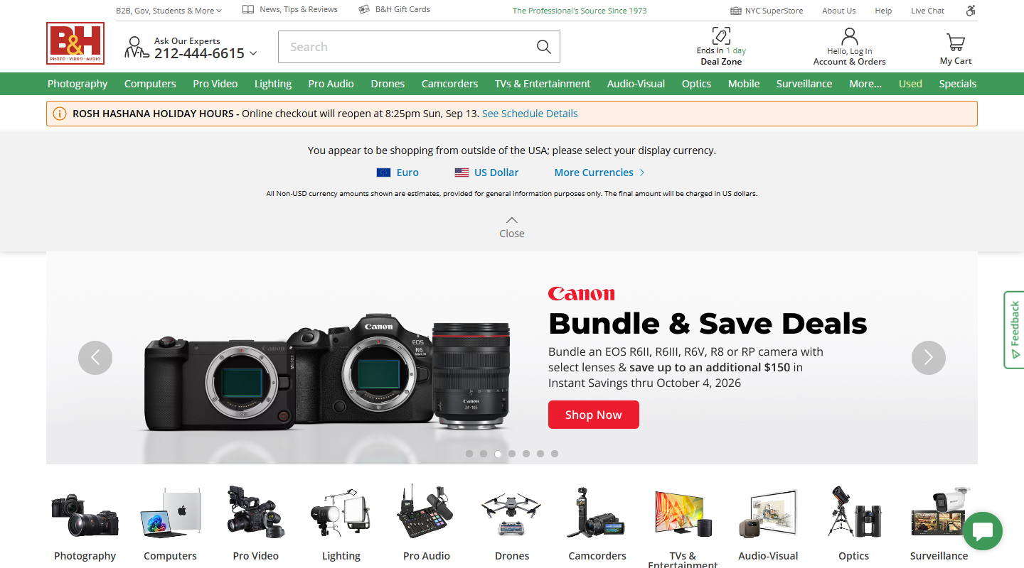 B and H Photo pro gear homepage