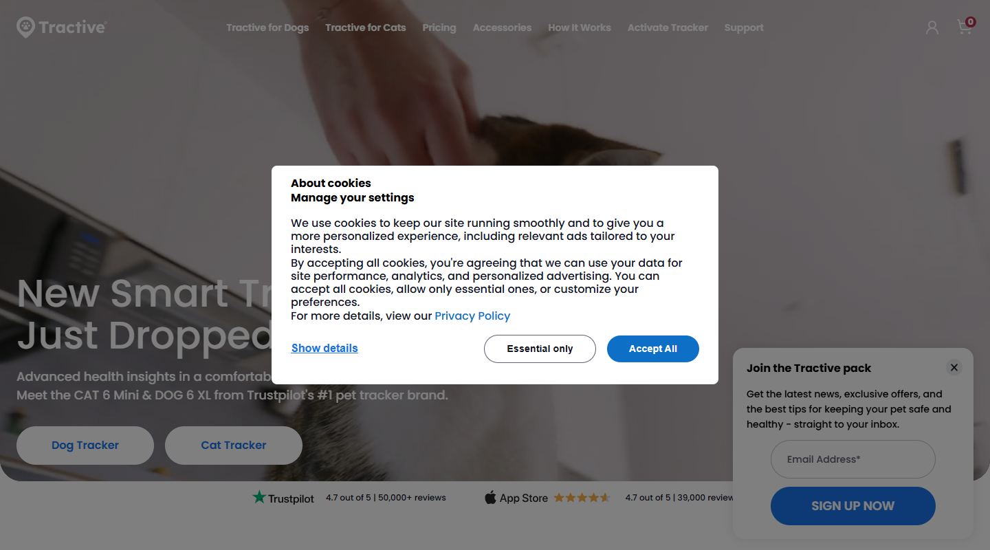 Tractive GPS pet tracker homepage