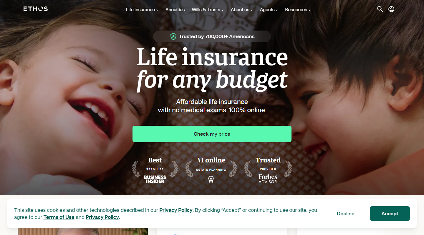 Ethos Life term life insurance homepage
