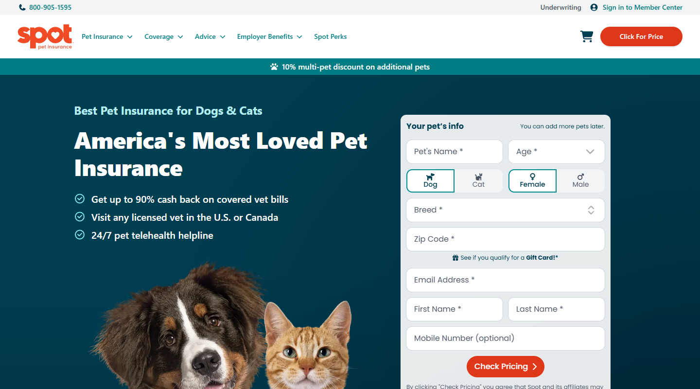 Spot pet insurance homepage