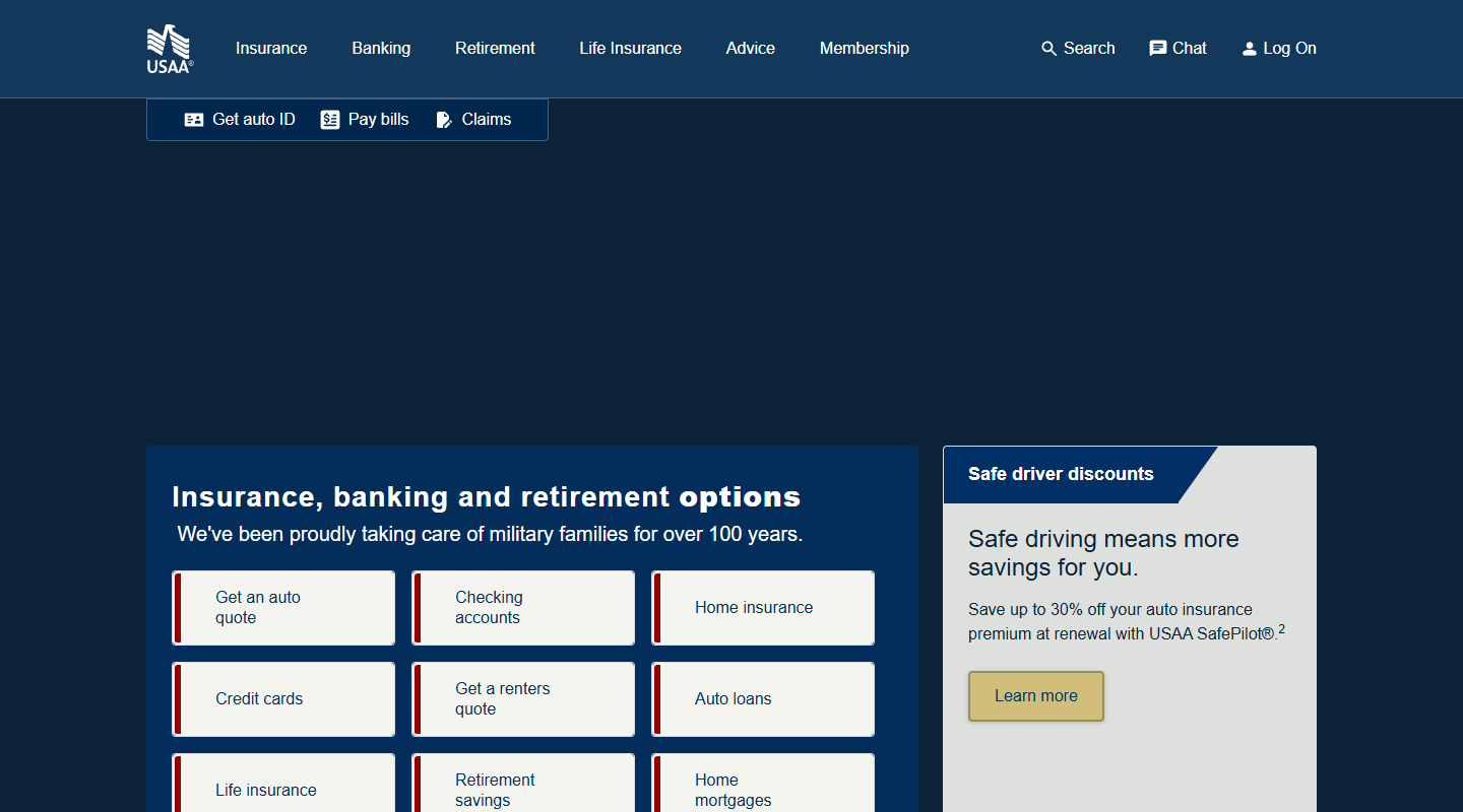USAA insurance for military members homepage