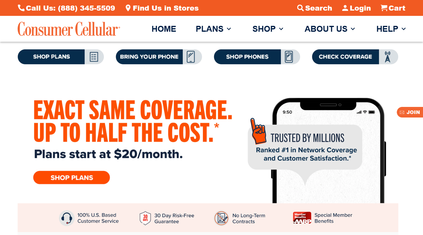 Consumer Cellular no-contract cell phone plans homepage