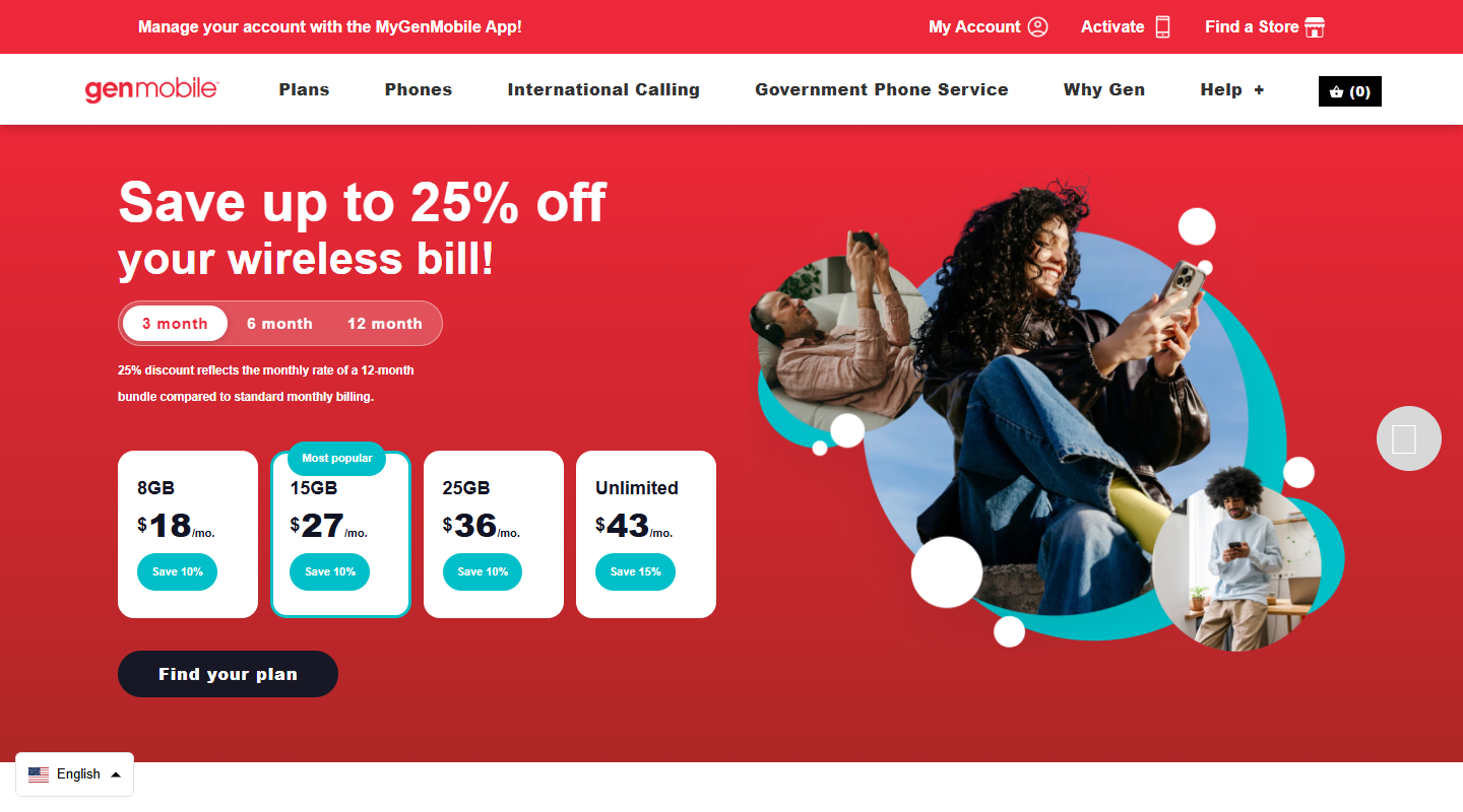 Gen Mobile budget prepaid plans homepage