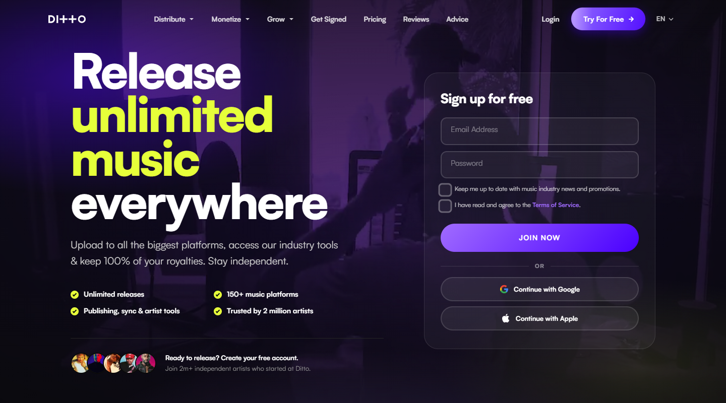 Ditto Music music affiliate homepage