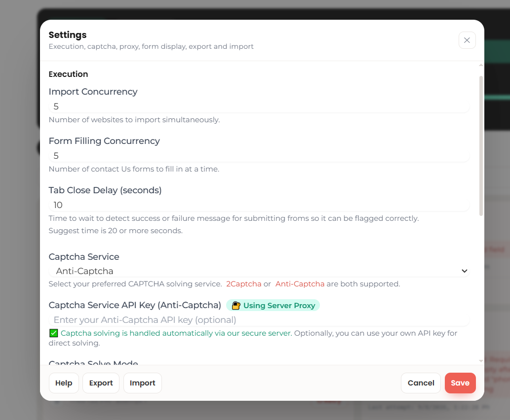 Settings for concurrency, tab close delay, CAPTCHA service, solve mode, and proxies.