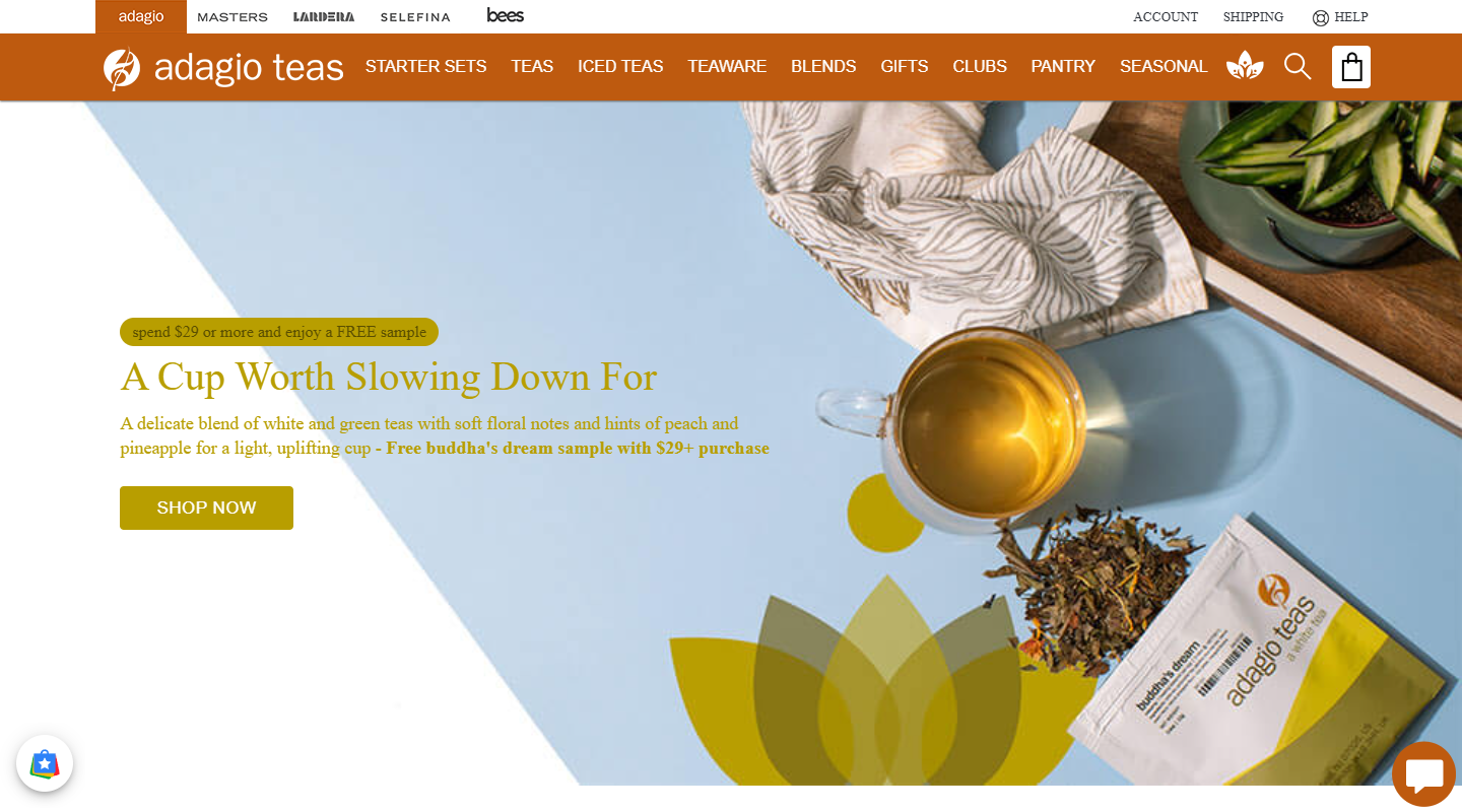 Adagio Teas loose-leaf catalog homepage