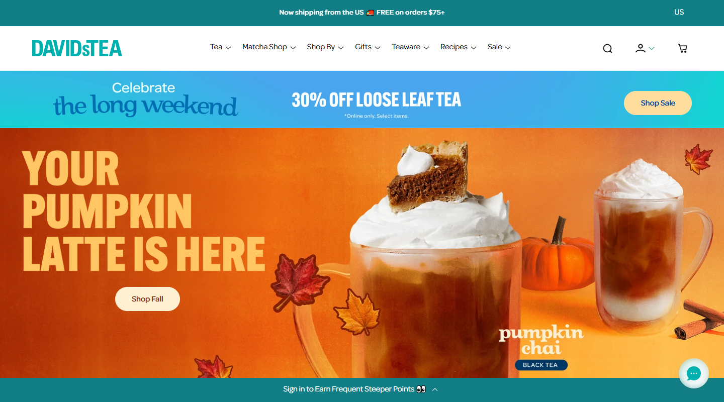 DAVIDsTEA flavored blended tea homepage