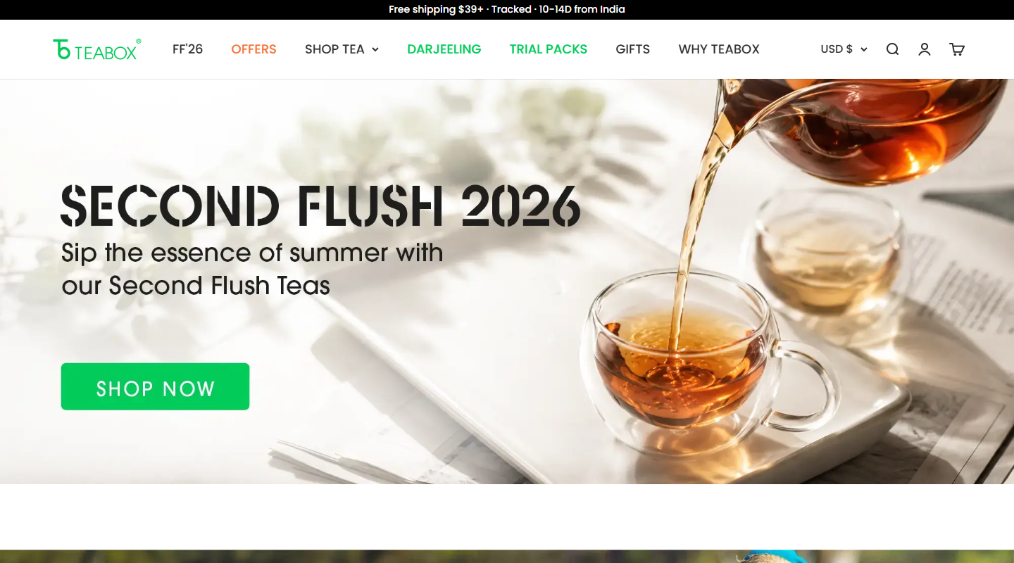 Teabox fresh single-origin tea homepage