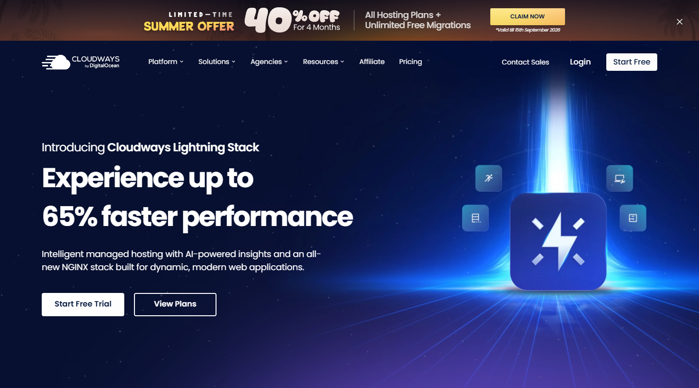 Cloudways managed cloud hosting homepage hero