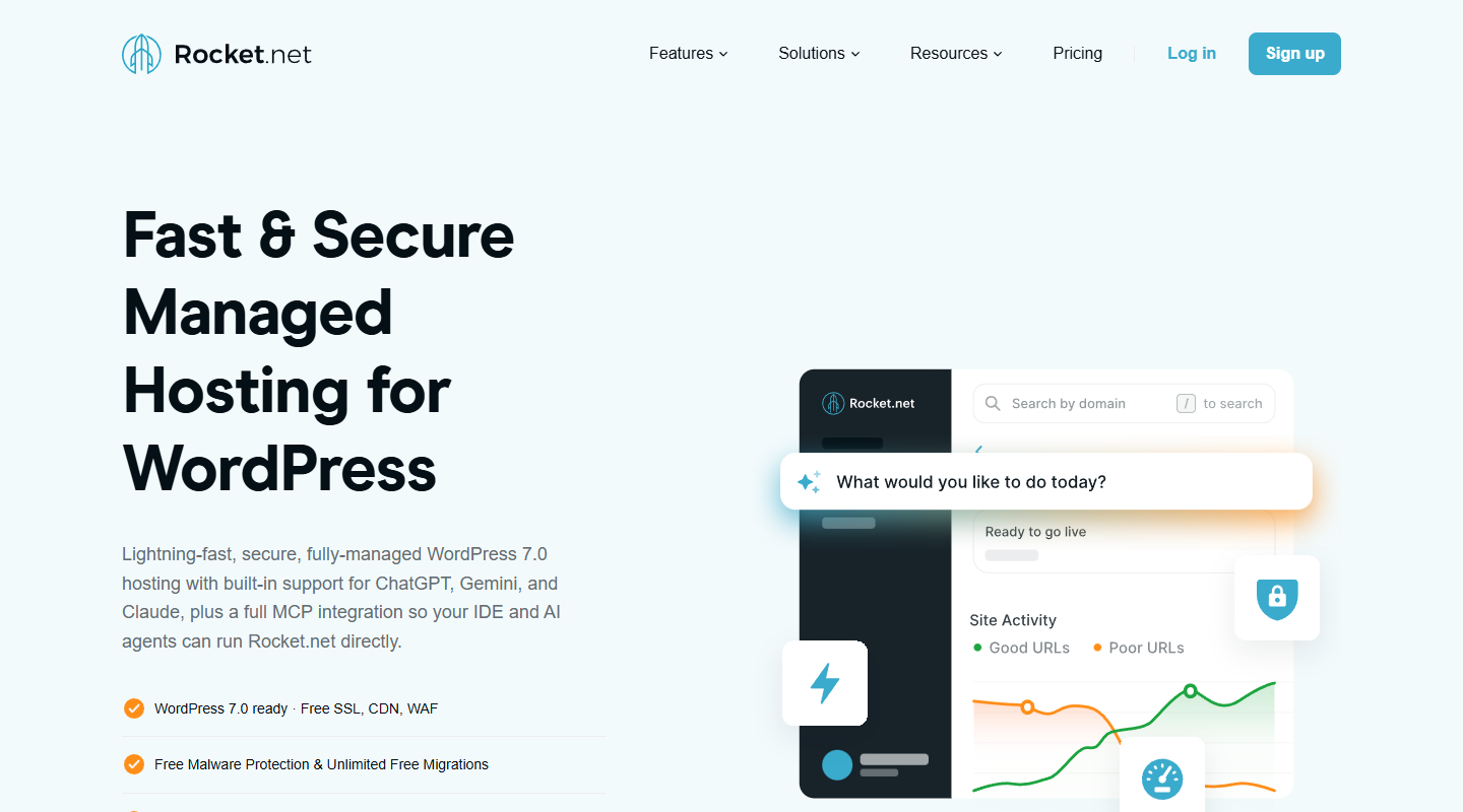 Rocket.net managed WordPress hosting homepage hero