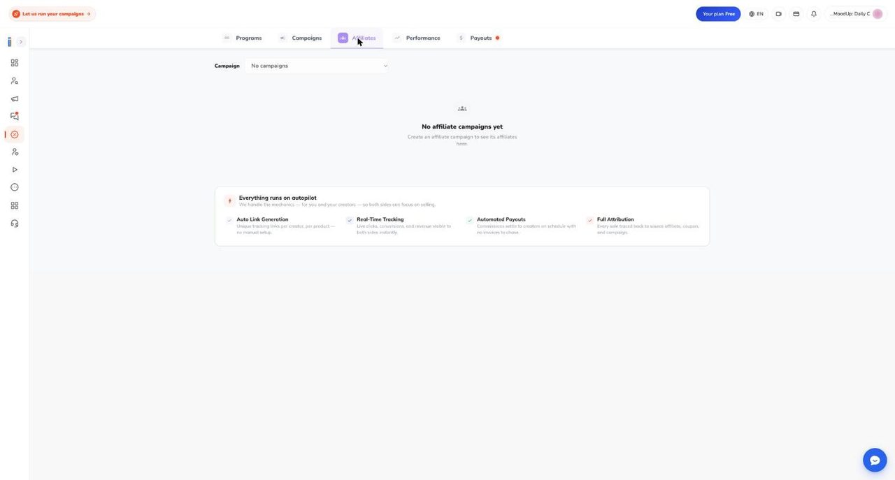 Affiliates tab of the Ainfluencer affiliate dashboard with no campaigns yet